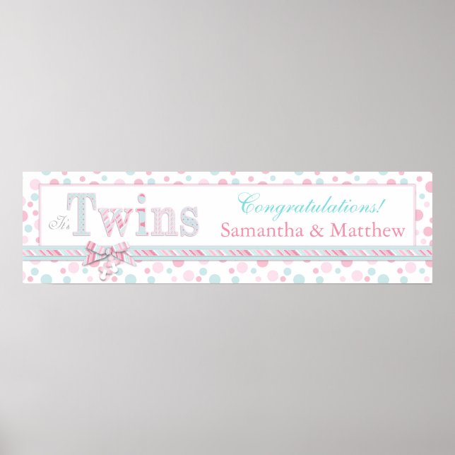 Póster Banner de Baby Shower de los puntos de Aqua rosado (Frente)