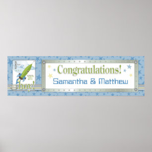 Póster Banner de Baby Shower de nave espacial y estrellas
