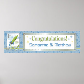 Póster Banner de Baby Shower de nave espacial y estrellas