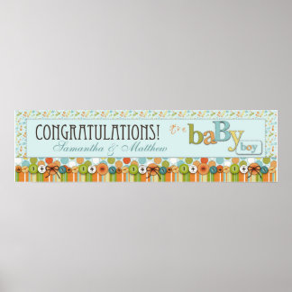 Póster Banner de Baby Shower Dot, Stripe & Diaper Pins