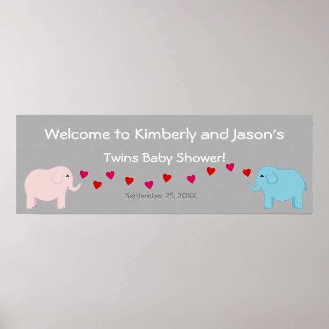 Póster Banner de Baby Shower para el tema del elefante Tw (Frente)