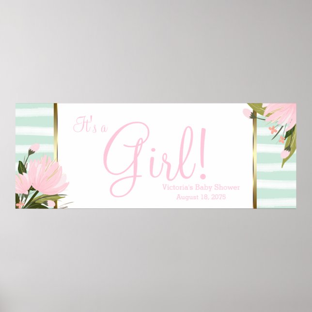 Póster Banner de Baby Shower verde rosa y de menta (Frente)