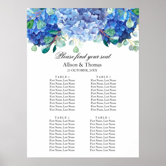 Póster Banner de bienvenida de la boda hidrangea azul (Frente)