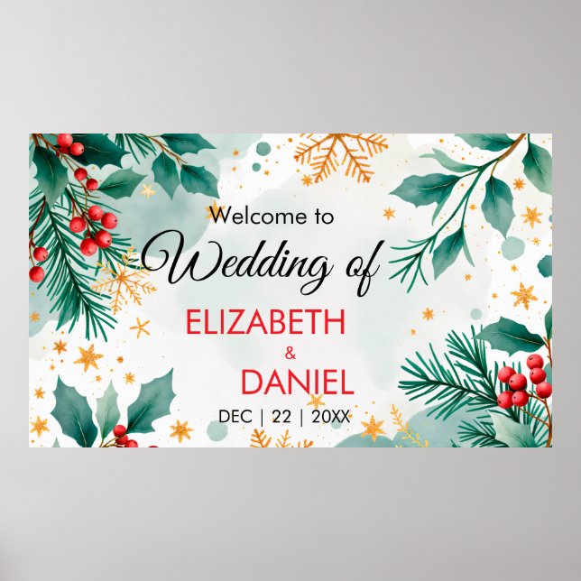 Póster Banner de Boda de Navidades de acuarela con holly (Frente)