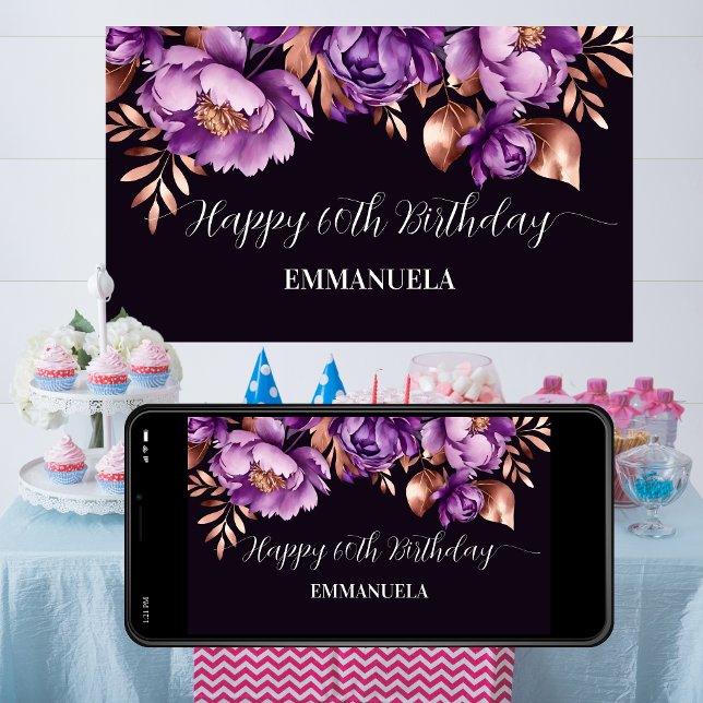 Póster Banner de cumpleaños feliz oro de rosa púrpura ele (Happy birthday banner elegant purple rose gold peonies  template poster digital download 60th 50th)