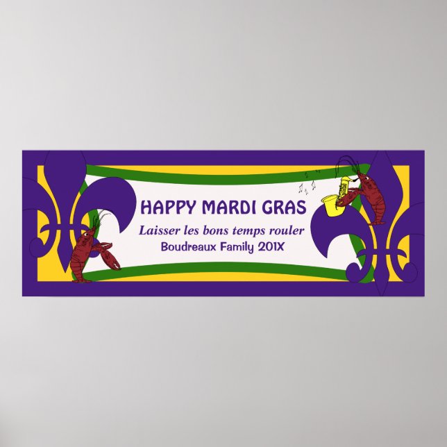 Póster Banner de Mardi Gras Fleur de Lis Crawfish Fiesta (Frente)