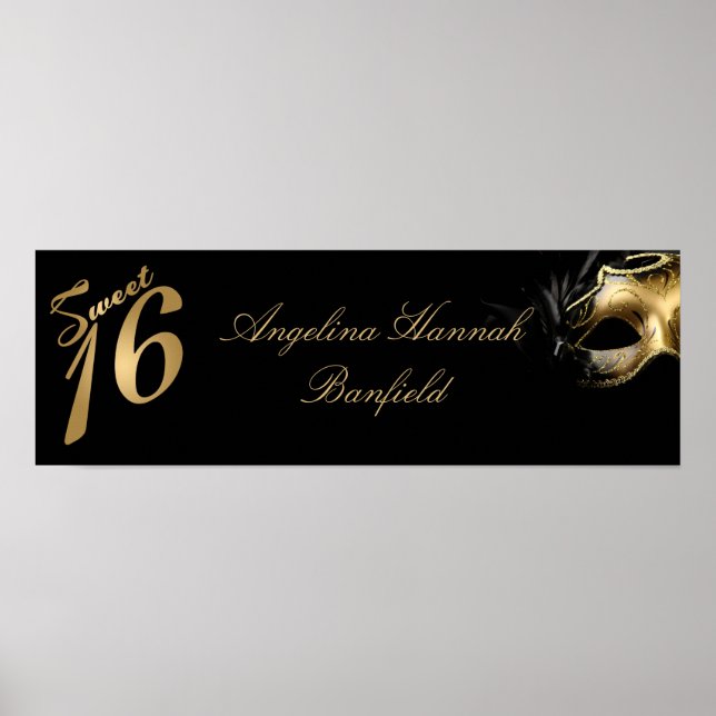 Póster Banner personalizado de 22.5"x7.5" Sweet 16 Gold (Frente)