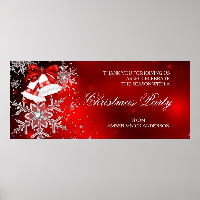 Póster Banner Sparkle Snowflake Red Christmas Party (Frente)
