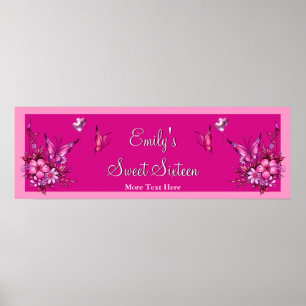 Póster Banner Sweet 16 Flores Rosadas Cumpleaños de la Ma
