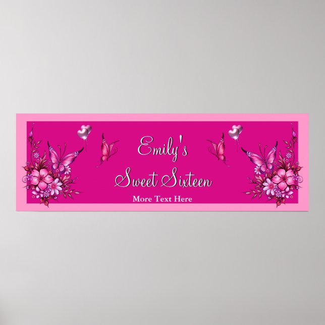 Póster Banner Sweet 16 Flores Rosadas Cumpleaños de la Ma (Frente)