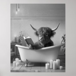 Póster Baño blanco y negro de lectura Highland Cow