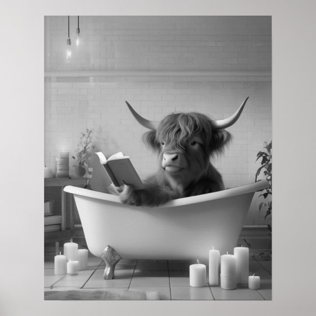 Póster Baño blanco y negro de lectura Highland Cow (Frente)