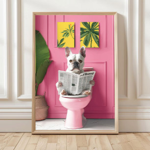 Póster Baño Bulldog Francés Blanco Leyendo en el Inodoro 
