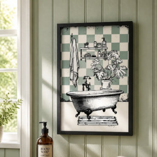 Póster Baño con tina de garra vintage a cuadros verde sal
