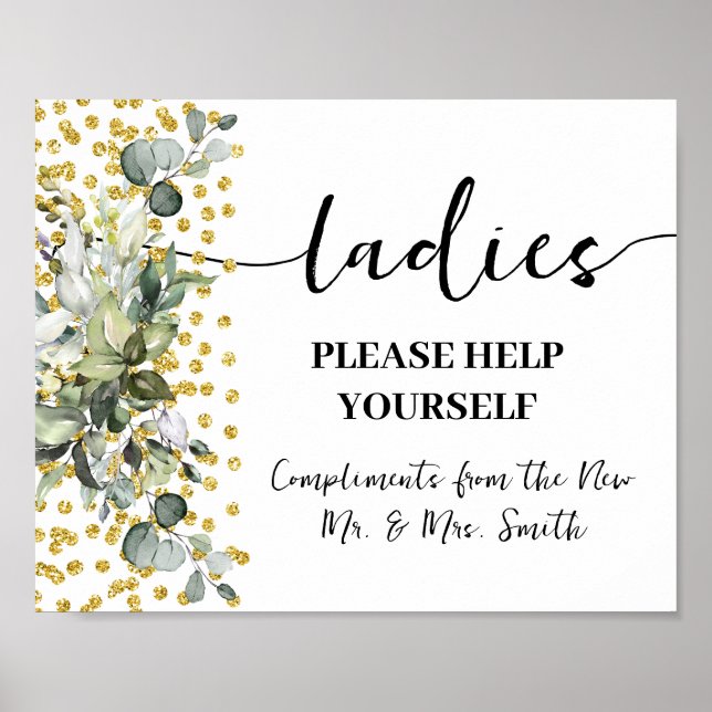 Póster Baño de Damas Recepción de Boda Eucalyptus Gold (Frente)
