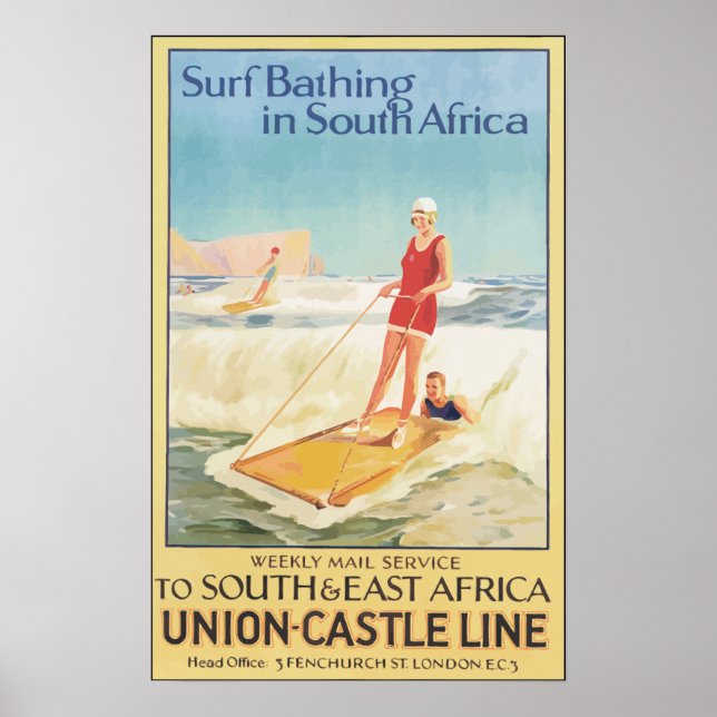 Póster Baño De Surf En Sudáfrica, Vintage (Frente)