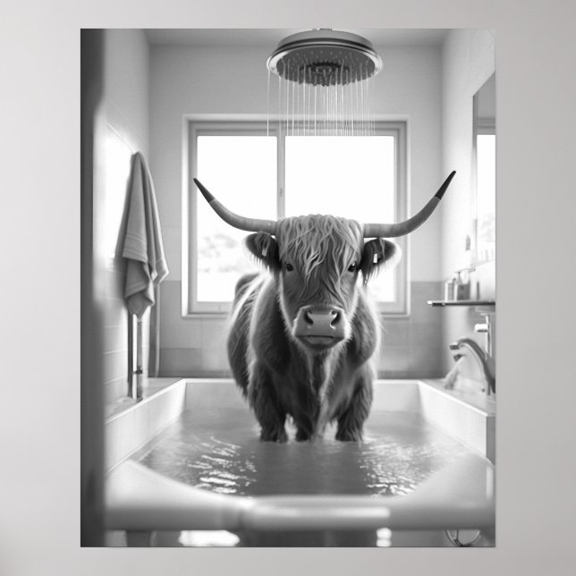 Póster Baño de vaca Highland con flores en blanco y negro (Frente)