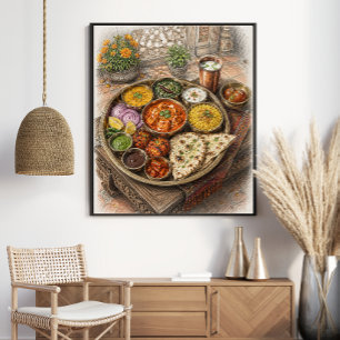 Póster Banquete Tradicional Indio Thali Boceto Coloreado