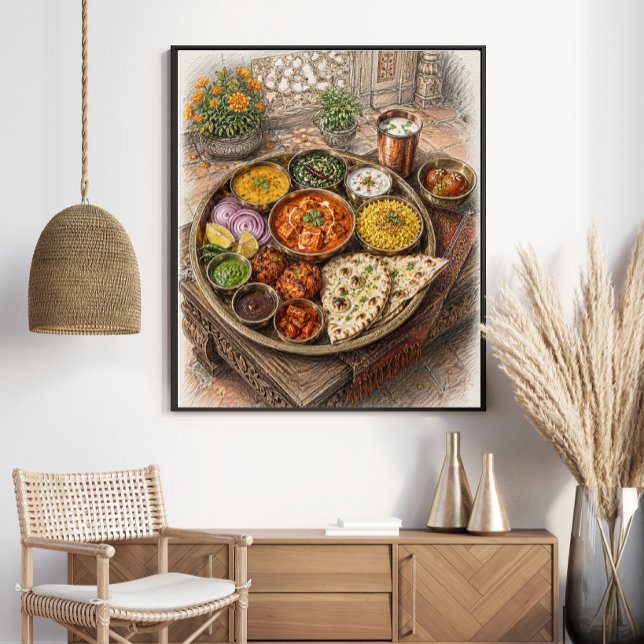 Póster Banquete Tradicional Indio Thali Boceto Coloreado (Subido por el creador)