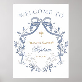Póster Baptism elegant blue bow welcome sign