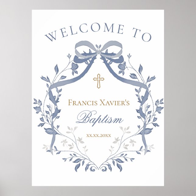 Póster Baptism elegant blue bow welcome sign (Frente)