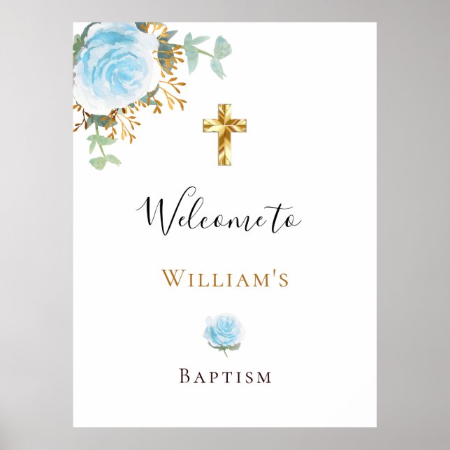 Póster Baptism eucalipto niño floral azul bienvenido (Frente)