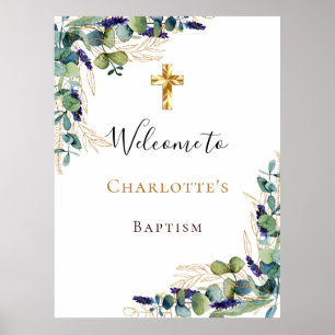 Póster Baptism eucalipto verde cruz de oro bienvenido pos