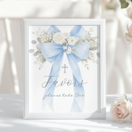 Póster Baptism Favor Blue Bow Eucalyptus