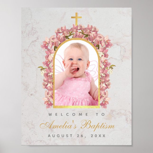 Póster Baptism Foto Faux Gold Arch Orquídeas Rosadas Bien (Frente)