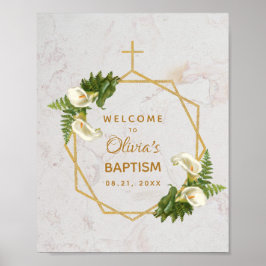 Póster Baptism Marble Gold Calla Lilies Bienvenida Floral