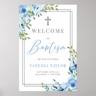 Póster Baptismo azul y plata polvorientos Boho Bienvenido
