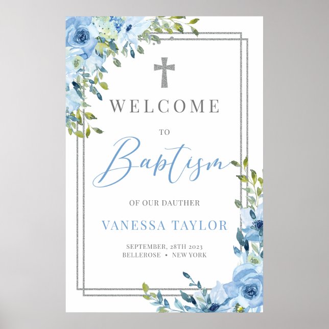Póster Baptismo azul y plata polvorientos Boho Bienvenido (Frente)