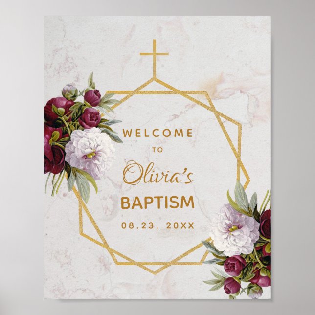 Póster Baptismo chica Borgoña Peonies Bienvenida de oro e (Frente)