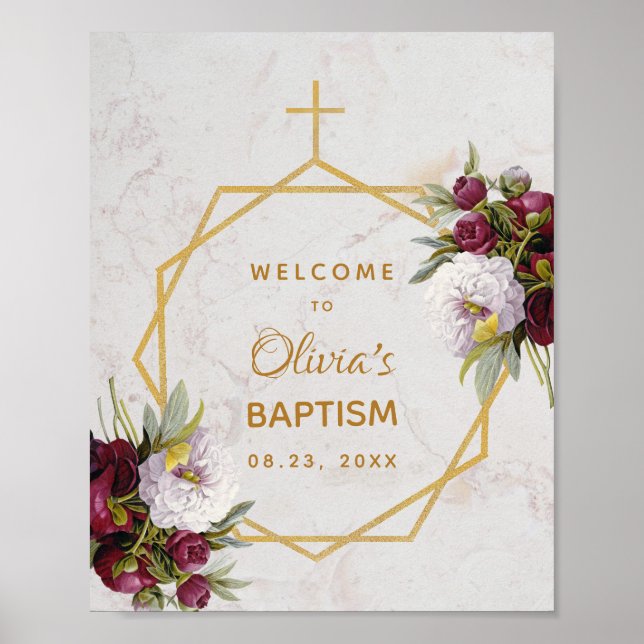 Póster Baptismo chica Marble Gold Peonies Mariposa Bienve (Frente)