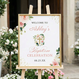 Póster Baptismo chica Rubor Rótulo cruzado de oro floral 