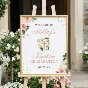 Póster Baptismo chica Rubor Rótulo cruzado de oro floral