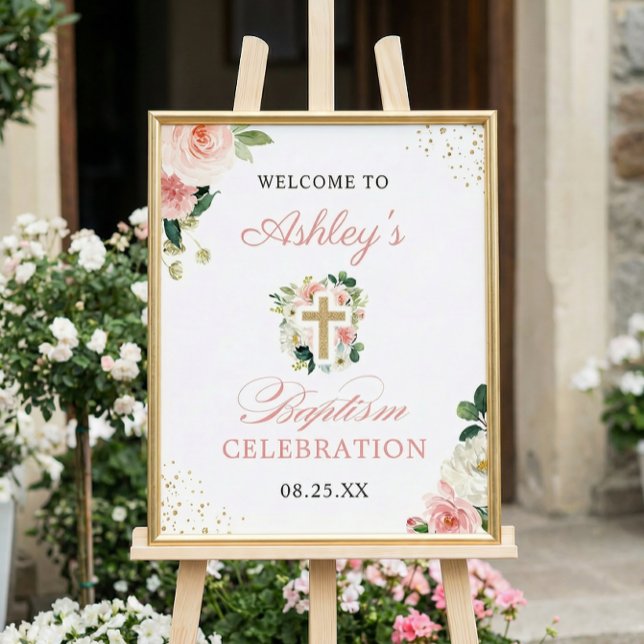 Póster Baptismo chica Rubor Rótulo cruzado de oro floral  (Subido por el creador)