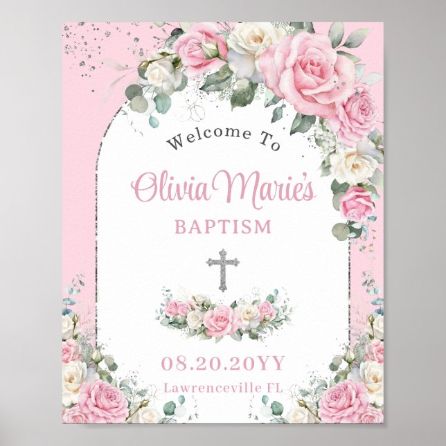 Póster Baptismo Christine Roses Blancas Rosadas Plata Flo (Frente)