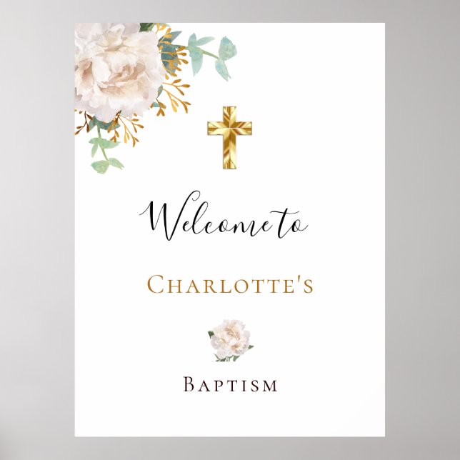 Póster Baptismo eucalipto cruz de oro floral blanca bienv (Frente)