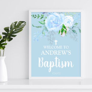Póster Baptismo floral azul claro Bienvenida Poster 8x10