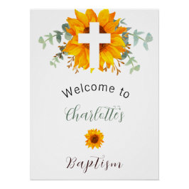 Póster Baptismo girasoles eucalipto cruz bienvenida