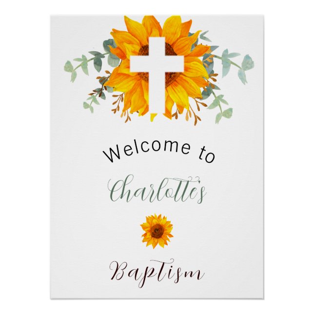 Póster Baptismo girasoles eucalipto cruz bienvenida (Anverso)