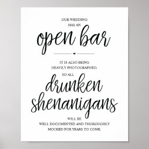 Póster Bar abierto boda, cartel de travesuras borrachas