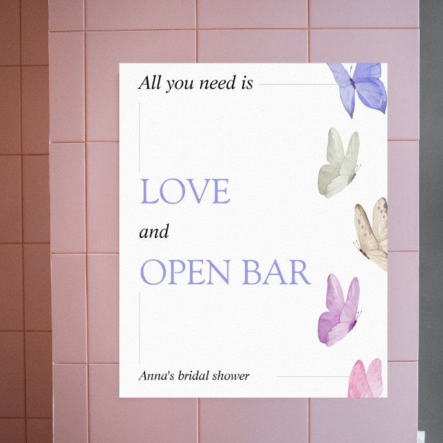 Póster Bar abierto Le da mariposas Bridal Shower (Love & Open Bar - he gives me butterflies bridal shower)