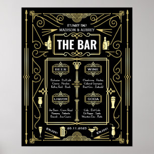 Póster Bar Art Deco Wedding Party Menú de licor de vino