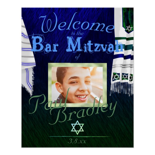 Póster Bar azul y verde negrita Mitzvah Prayer Tallit Pos (Anverso)