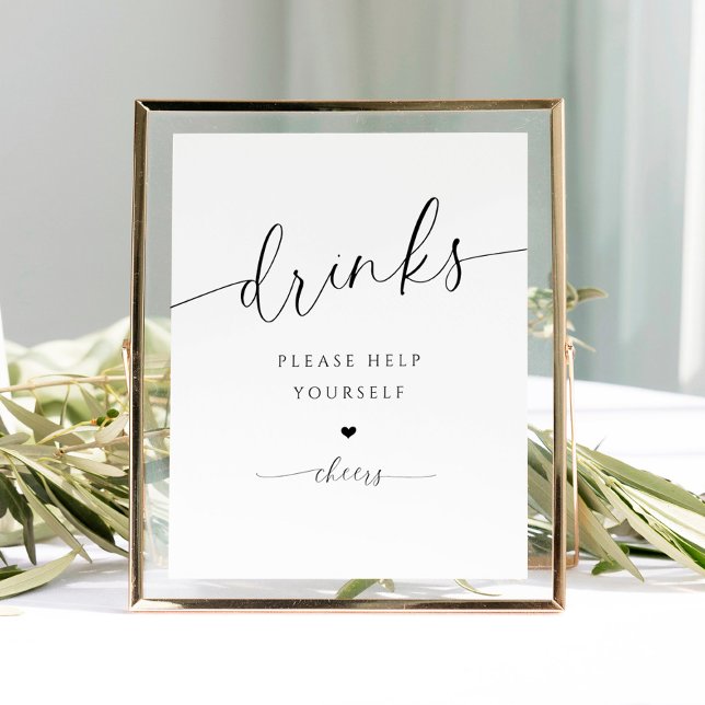 Póster Bar Bebidas Moderno Elegante Rótulo Bridal Shower (Bridal Shower Drinks Sign - Elegant Romantic Bridal Shower Drinks - Heart - Please help yourself)