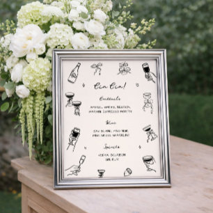 Póster Bar Cin Cin de Boda con Dibujos a Mano y Detalles 