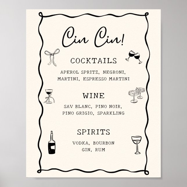 Póster Bar Cin Cin para Despedida de Soltera Italiana Neg (Frente)