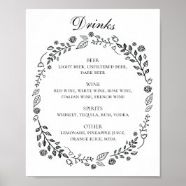Póster Bar de bebidas alcohólicas boda floral blanco y ne